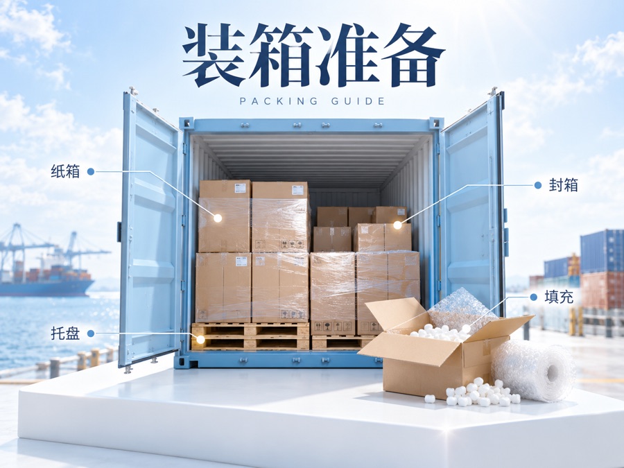 海运装箱示意 · AI 生成样图