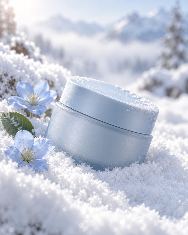 雪面蓝罐静物 · AI 生成样图