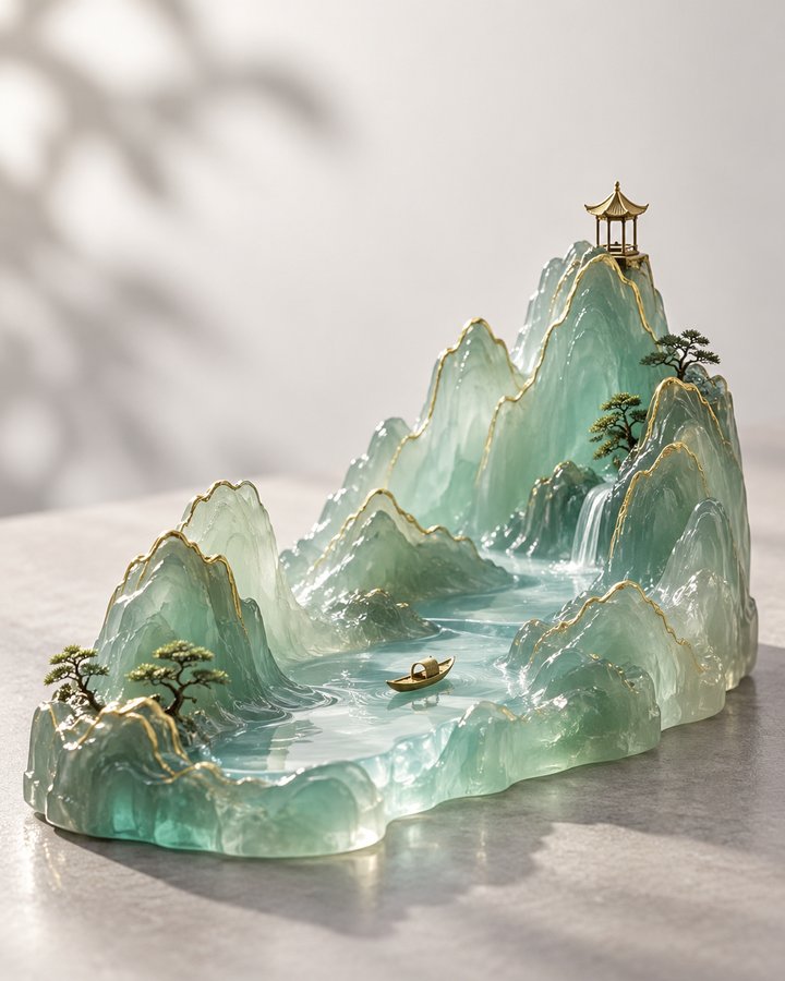 玉色山水摆景 · AI 生成样图